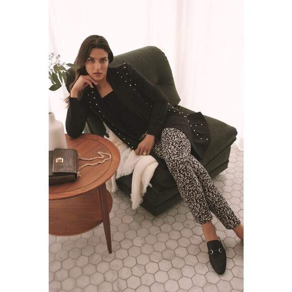 Joseph Ribkoff Straight Leg Mottled Look Tan and Black Print Great Stretch Pant - Picture 1 of 8